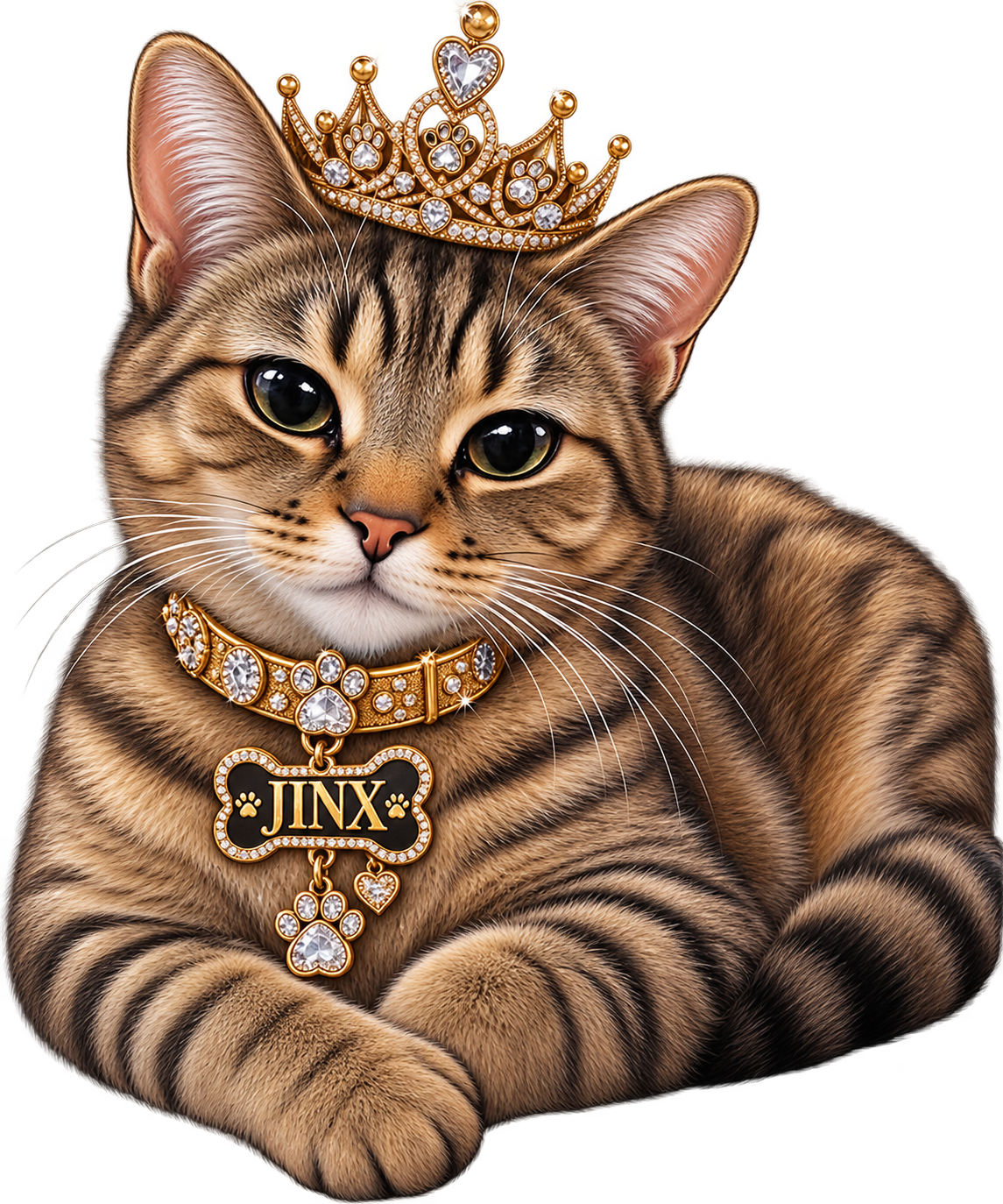 Illustrated portrait of Jinx the cat wearing a jeweled crown and a collar bearing her name